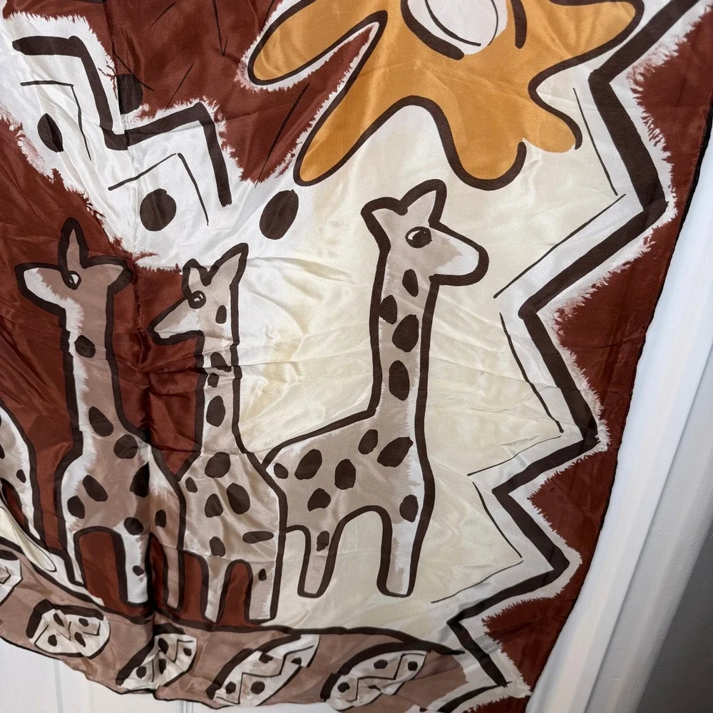 Vintage Giraffe Print Silk Scarf Brown Tan Safari Art Deco Boho Eclectic Artsy